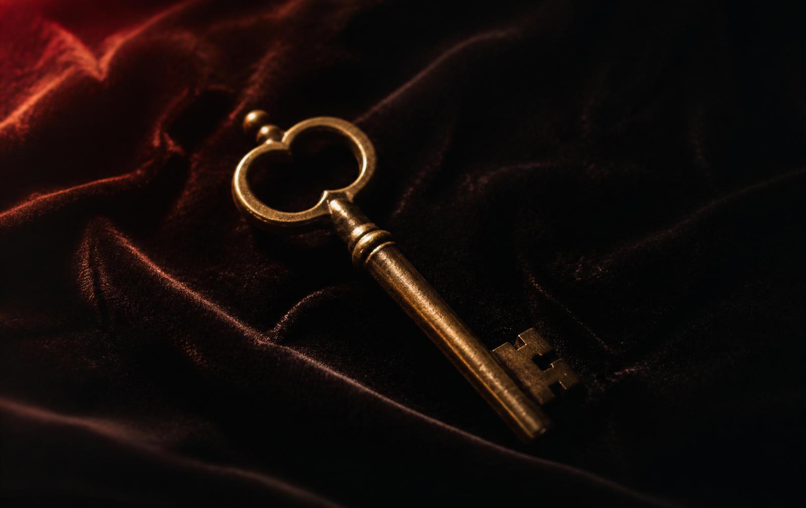 An antique key on dark velvet — a symbol of private, invite-only access